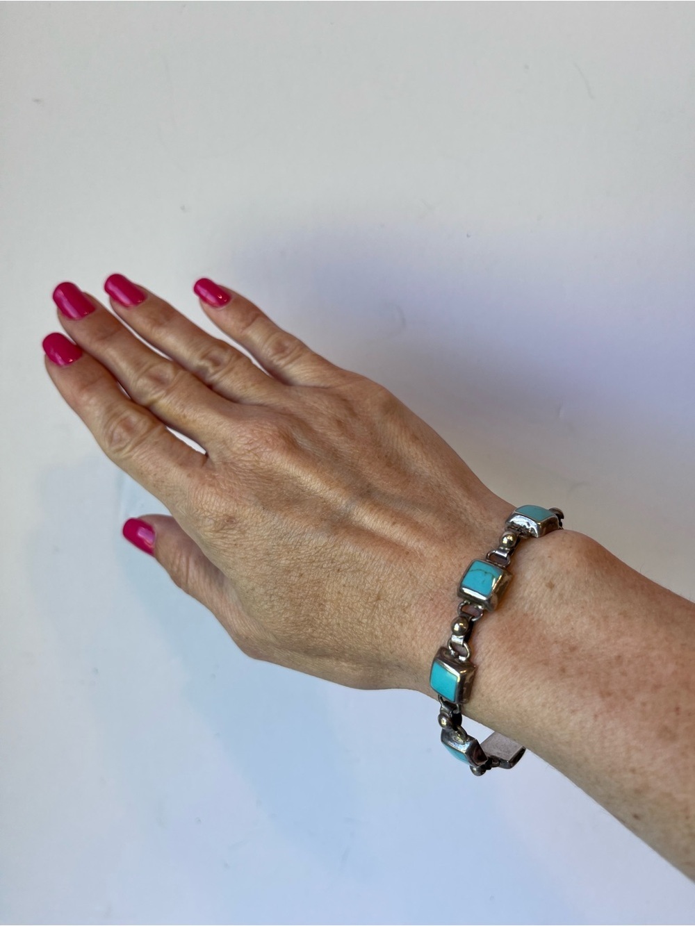Vintage 925 Mexico Silver Turquoise Square Links Bracelet